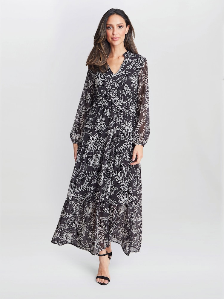Gina Bacconi Iona Print Stand Collar Black Dress - Image 1 of 5