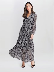 Gina Bacconi Iona Print Stand Collar Black Dress - Image 2 of 5