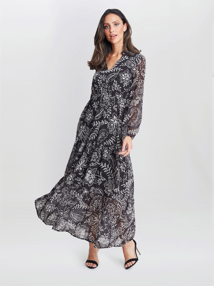 Gina Bacconi Iona Print Stand Collar Black Dress - Image 2 of 5
