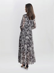 Gina Bacconi Iona Print Stand Collar Black Dress - Image 3 of 5