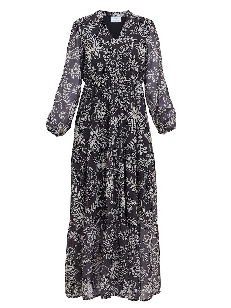 Gina Bacconi Iona Print Stand Collar Black Dress - Image 5 of 5