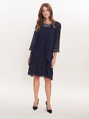 Gina Bacconi Blue Joseline Short Chiffon Jacket Dress With Beaded Neckline - Image 1 of 5