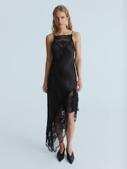 By Malene Birger Black Laynee Aysmmetric Lace Trim Midi Dress - Image 1 of 8