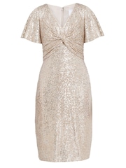 Vestido de lentejuelas con cuello de pico y torsión en natural Krista de Gina Bacconi - Imagen 4 de 5