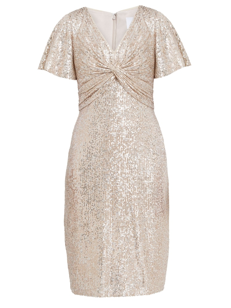 Gina Bacconi Natural Krista V-Neck Twist Sequin Dress - Image 4 of 5