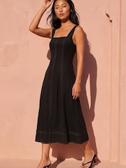 Roman Black Petite Linen Panel Midi Dress - Image 1 of 4