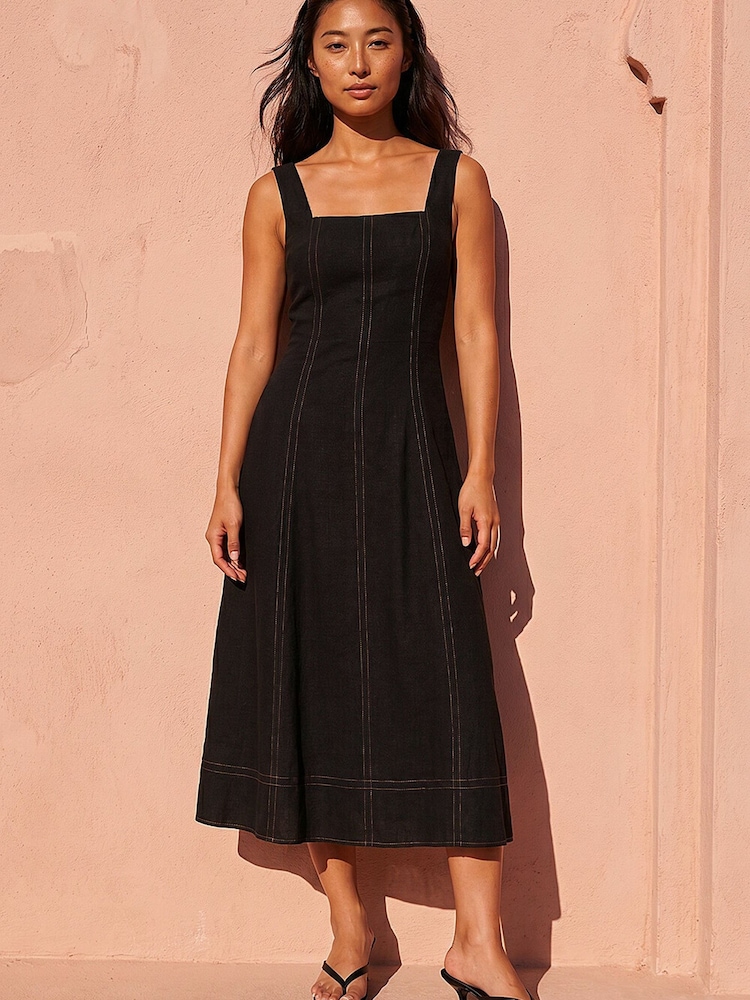 Roman Black Petite Linen Panel Midi Dress - Image 2 of 4 Roman Black Petite Linen Panel Midi Dress - Image 2 of 4