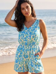 Roman Blue Abstract V-Neck Playsuit - Image 1 of 4