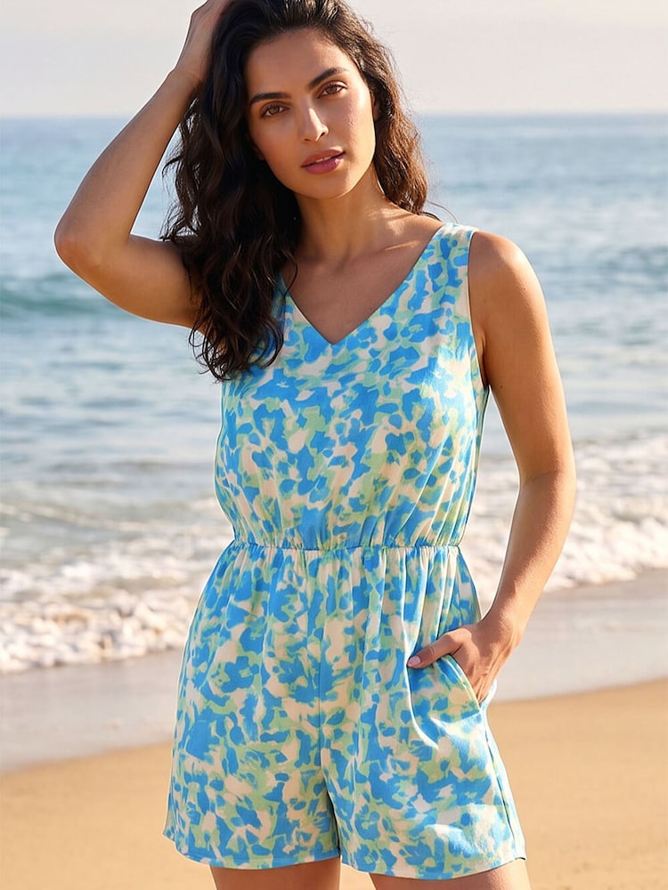 Roman Blue Abstract V-Neck Playsuit - Image 1 of 4 Roman Blue Abstract V-Neck Playsuit - Image 1 of 4