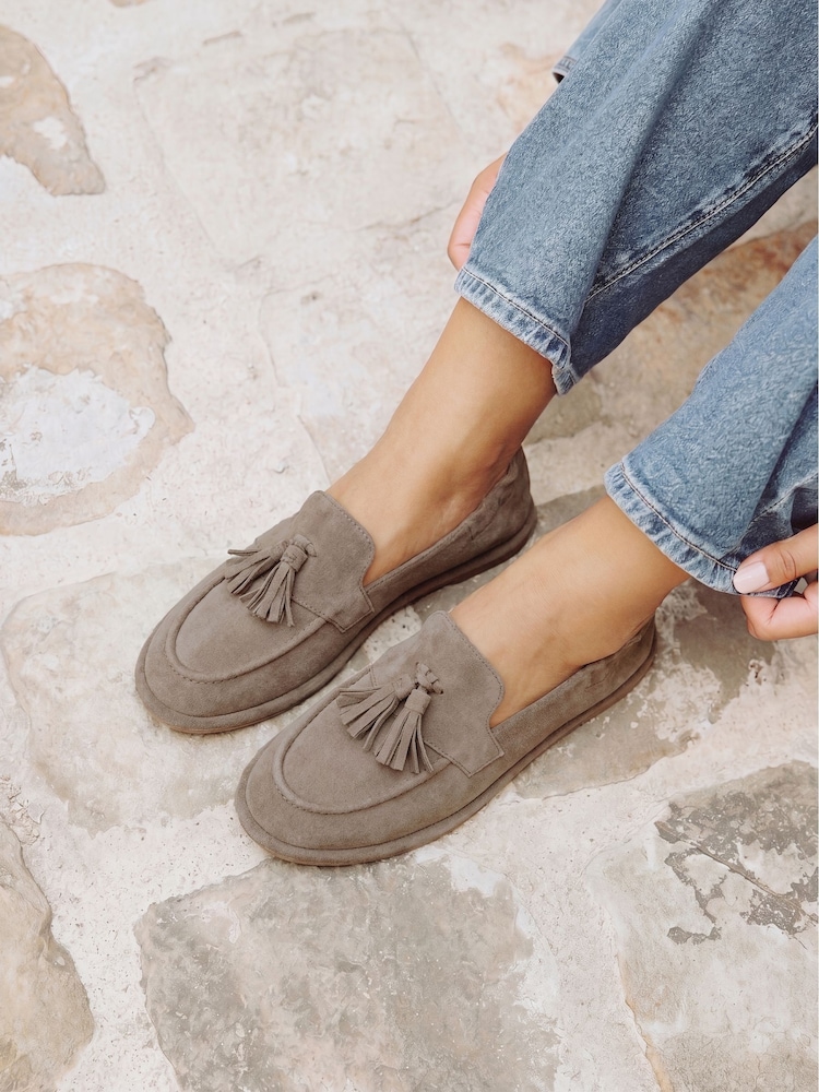 Linzi Mocha Suede Porter Tassel Slip On Loafers - Image 1 of 5 Linzi Mocha Suede Porter Tassel Slip On Loafers - Image 1 of 5