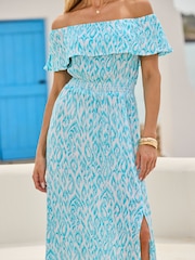 Sosandar Blue Paisley Print Crinkle Bardot Shirred Waist Dress - Image 4 of 5