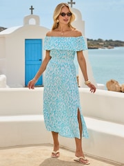 Sosandar Blue Paisley Print Crinkle Bardot Shirred Waist Dress - Image 5 of 5
