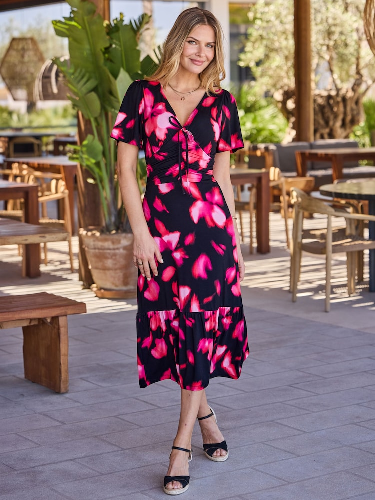 Sosandar Black Floral Print Ruched Waist Fit & Flare Dress - Image 1 of 5 Sosandar Black Floral Print Ruched Waist Fit & Flare Dress - Image 1 of 5