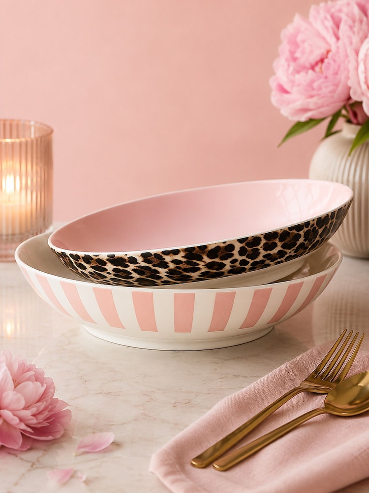 Code Maison Set of 4 Pink Rose Leopard Print Pasta Bowls - Image 1 of 5
