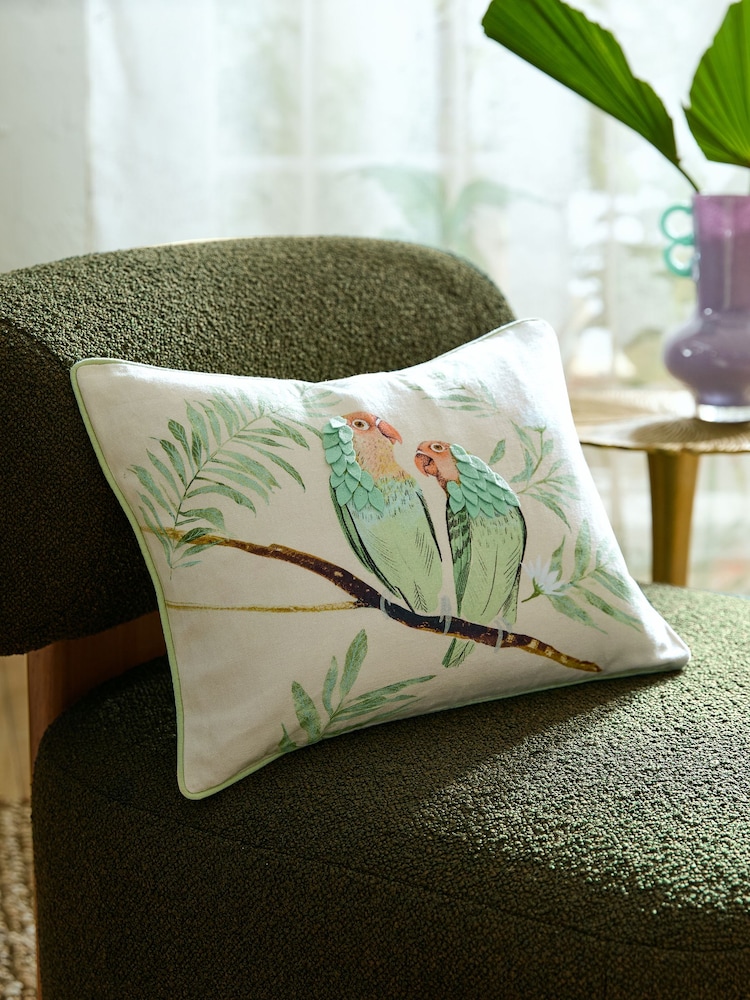 Pink/Green Printed Lovebirds Cushion - Image 1 of 5