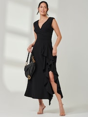 Jolie Moi Black Wrap Front Frill Detail Maxi Dress - Image 1 of 6