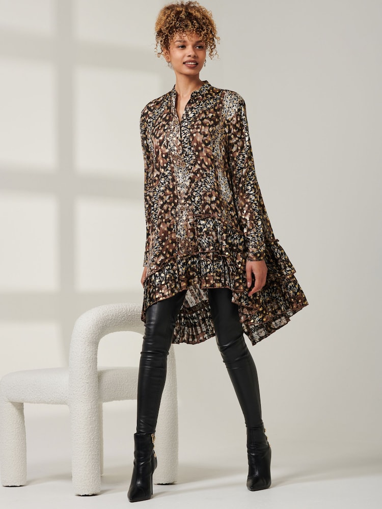Jolie Moi Brown Metallic Dot Asymmetric Hem Shirt - Image 1 of 6