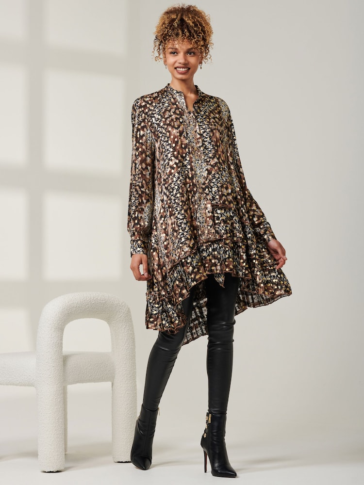 Jolie Moi Brown Metallic Dot Asymmetric Hem Shirt - Image 2 of 6