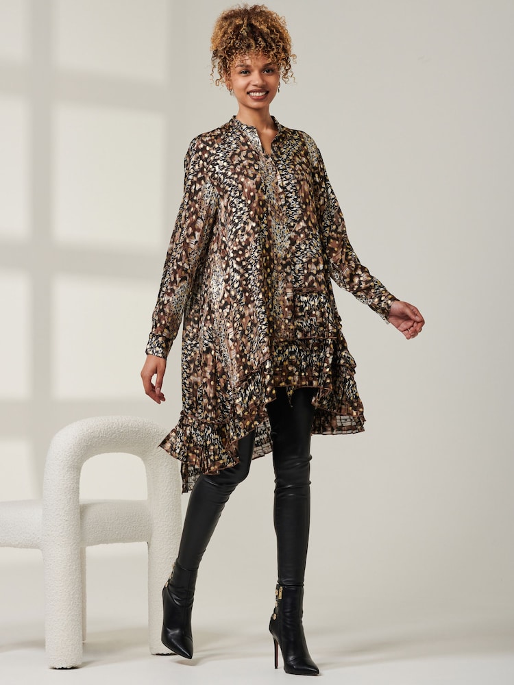 Jolie Moi Brown Metallic Dot Asymmetric Hem Shirt - Image 3 of 6