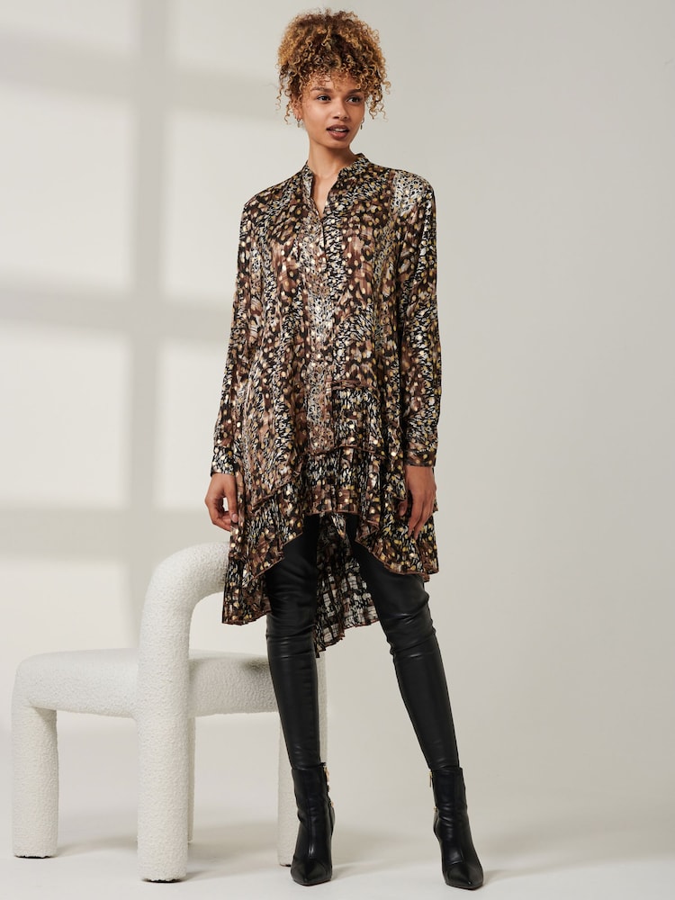 Jolie Moi Brown Metallic Dot Asymmetric Hem Shirt - Image 4 of 6