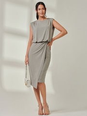 Jolie Moi Green Tiered Draped Pencil Dress - Image 1 of 6
