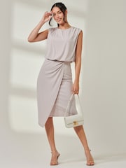 Jolie Moi Nude Tiered Draped Pencil Dress - Image 1 of 6