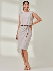 Jolie Moi Nude Tiered Draped Pencil Dress - Image 4 of 6
