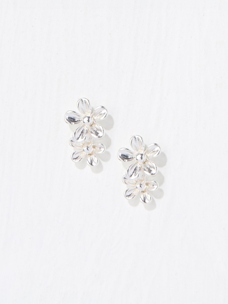 FatFace Silver Tone Double Flower Stud Earrings - Image 2 of 2