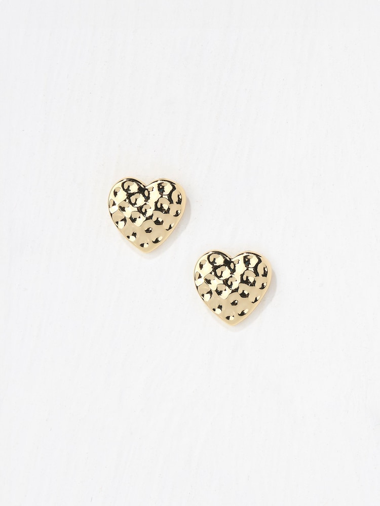 FatFace Gold Tone Hammered Heart Stud Earrings - Image 2 of 2