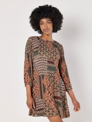 Apricot Green Ornate Patchwork Plisse Mini Dress - Image 1 of 4