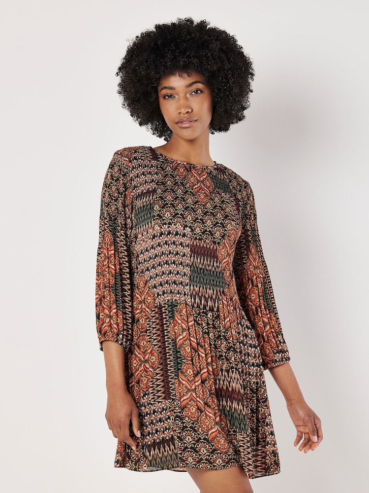 Apricot Green Ornate Patchwork Plisse Mini Dress - Image 1 of 4