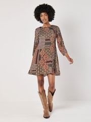 Apricot Green Ornate Patchwork Plisse Mini Dress - Image 2 of 4