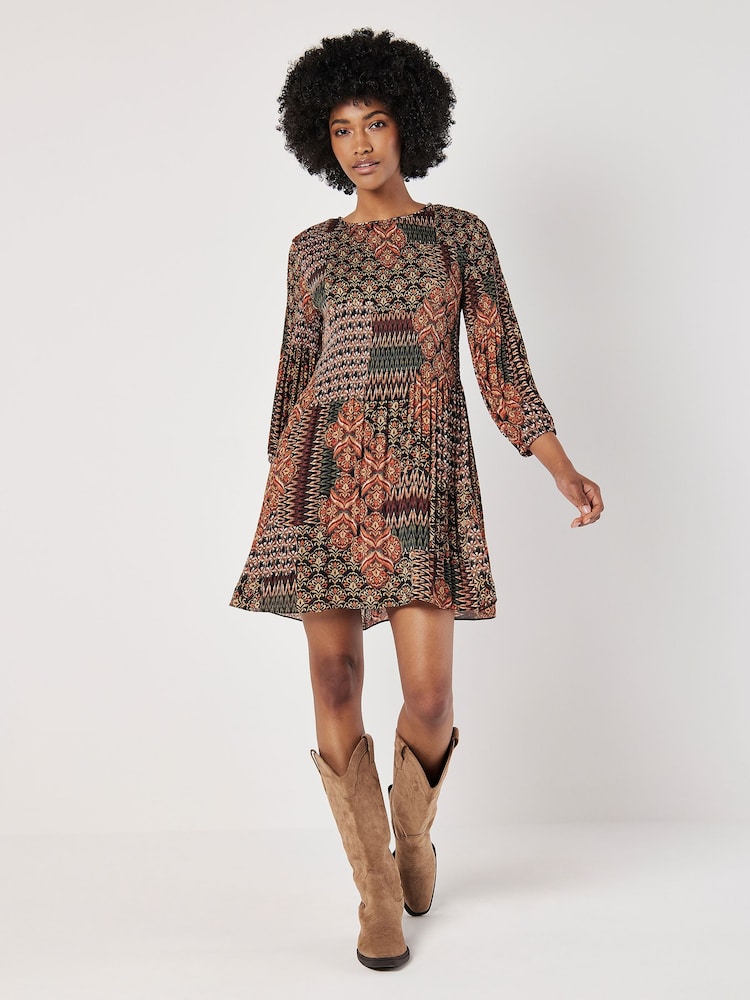 Apricot Green Ornate Patchwork Plisse Mini Dress - Image 2 of 4