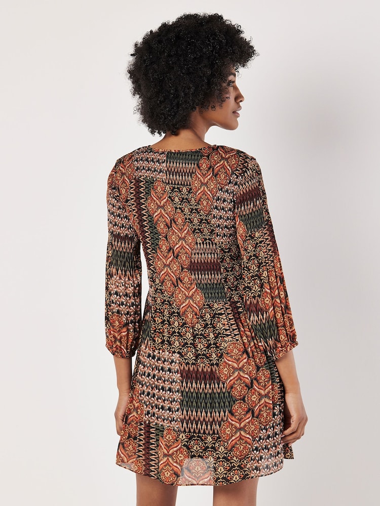 Apricot Green Ornate Patchwork Plisse Mini Dress - Image 4 of 4