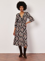 Apricot Black Ornate Diamond Folk Midi Dress - Image 1 of 4
