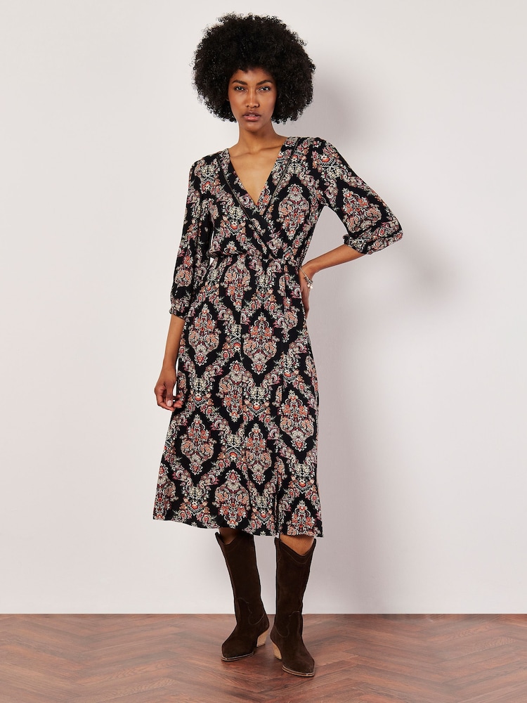 Apricot Black Ornate Diamond Folk Midi Dress - Image 1 of 4