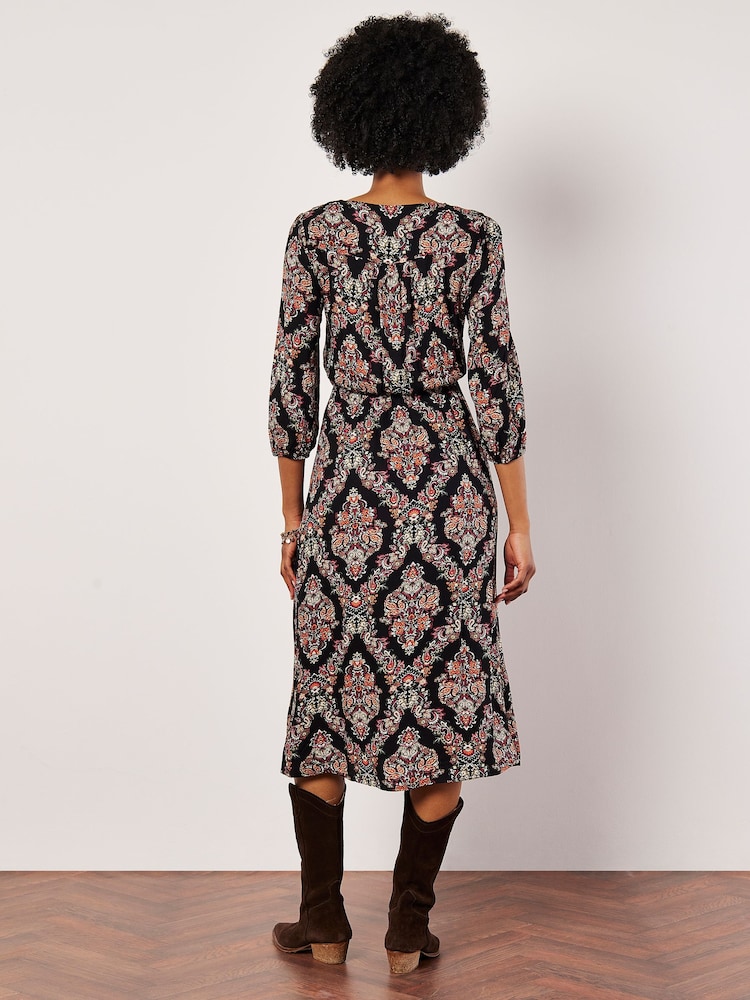 Apricot Black Ornate Diamond Folk Midi Dress - Image 4 of 4