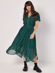Apricot Green Square Print Chiffon Zip Dress - Image 1 of 4