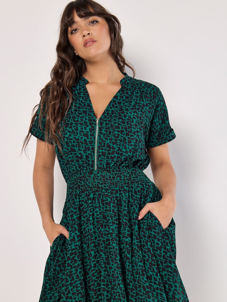 Apricot Green Square Print Chiffon Zip Dress - Image 2 of 4