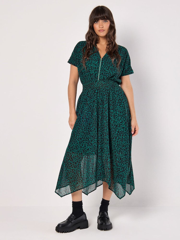 Apricot Green Square Print Chiffon Zip Dress - Image 4 of 4