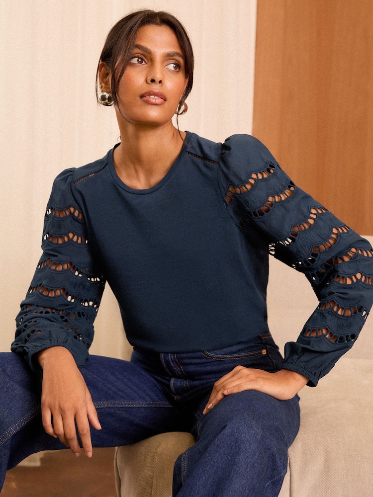 Love & Roses Navy Jersey Broderie Long Sleeve 100% Cotton Top - Image 1 of 4 Love & Roses Navy Jersey Broderie Long Sleeve 100% Cotton Top - Image 1 of 4