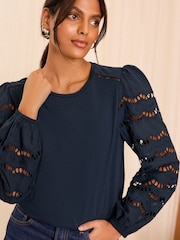 Love & Roses Navy Jersey Broderie Long Sleeve 100% Cotton Top - Image 2 of 4