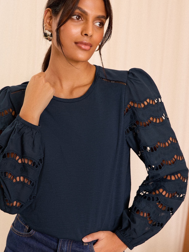 Love & Roses Navy Jersey Broderie Long Sleeve 100% Cotton Top - Image 2 of 4 Love & Roses Navy Jersey Broderie Long Sleeve 100% Cotton Top - Image 2 of 4