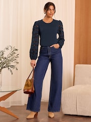 Love & Roses Navy Jersey Broderie Long Sleeve 100% Cotton Top - Image 3 of 4