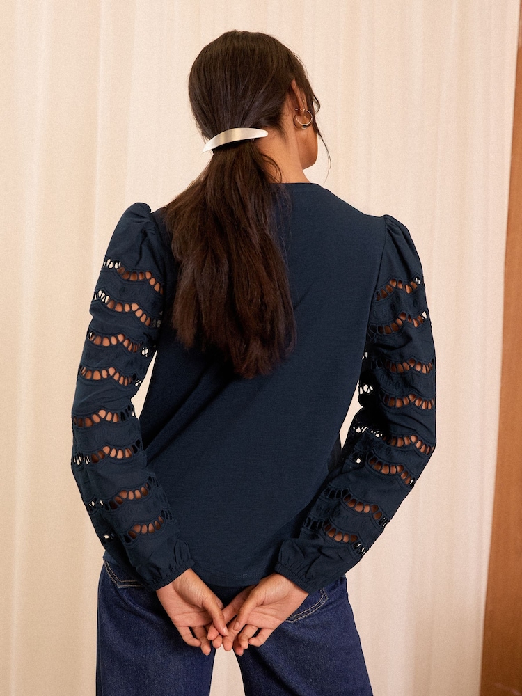 Love & Roses Navy Jersey Broderie Long Sleeve 100% Cotton Top - Image 4 of 4 Love & Roses Navy Jersey Broderie Long Sleeve 100% Cotton Top - Image 4 of 4