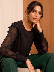 Love & Roses Black Floral Woven Sleeve Jersey Blouse - Image 1 of 4