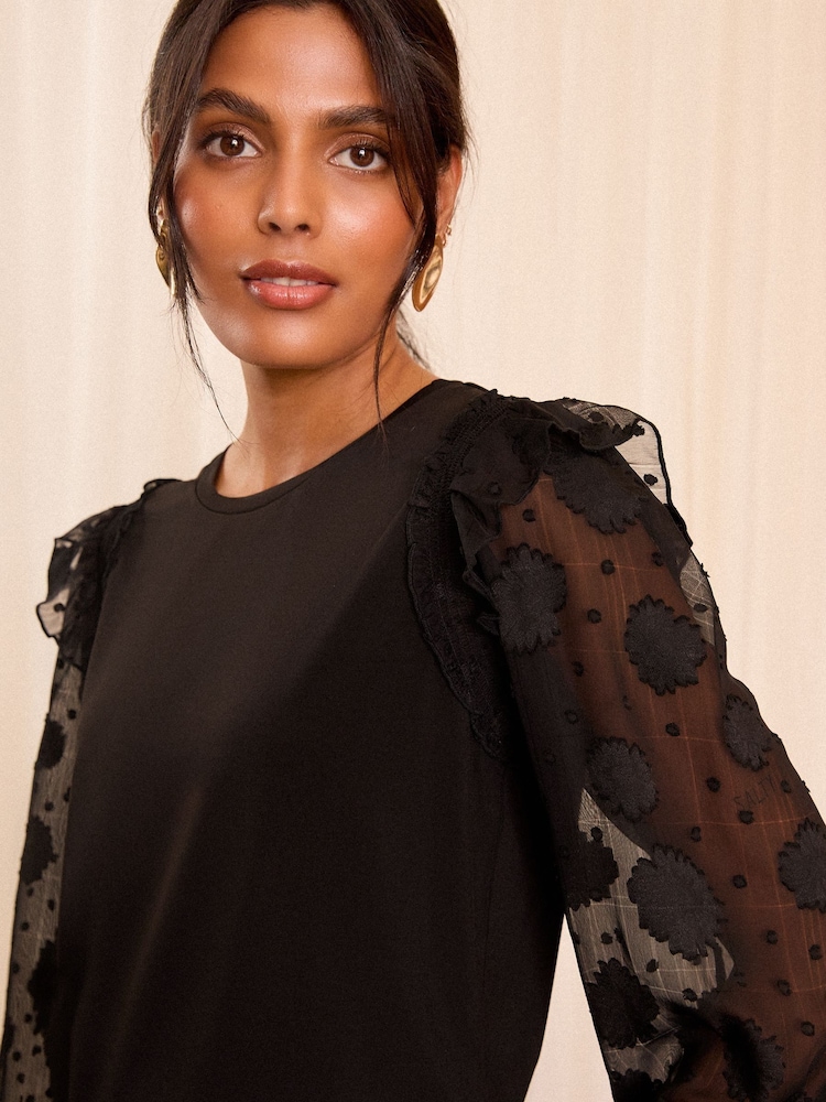 Love & Roses Black Floral Woven Sleeve Jersey Blouse - Image 2 of 4