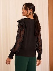 Love & Roses Black Floral Woven Sleeve Jersey Blouse - Image 4 of 4