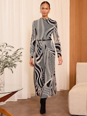 Love & Roses Monochrome Printed Jersey Crew Neck Long Sleeve Midi Dress - Image 1 of 4