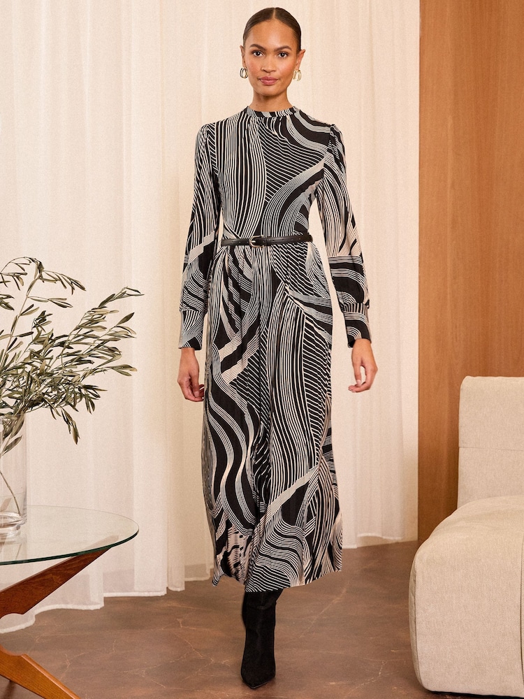 Love & Roses Monochrome Printed Jersey Crew Neck Long Sleeve Midi Dress - Image 1 of 4